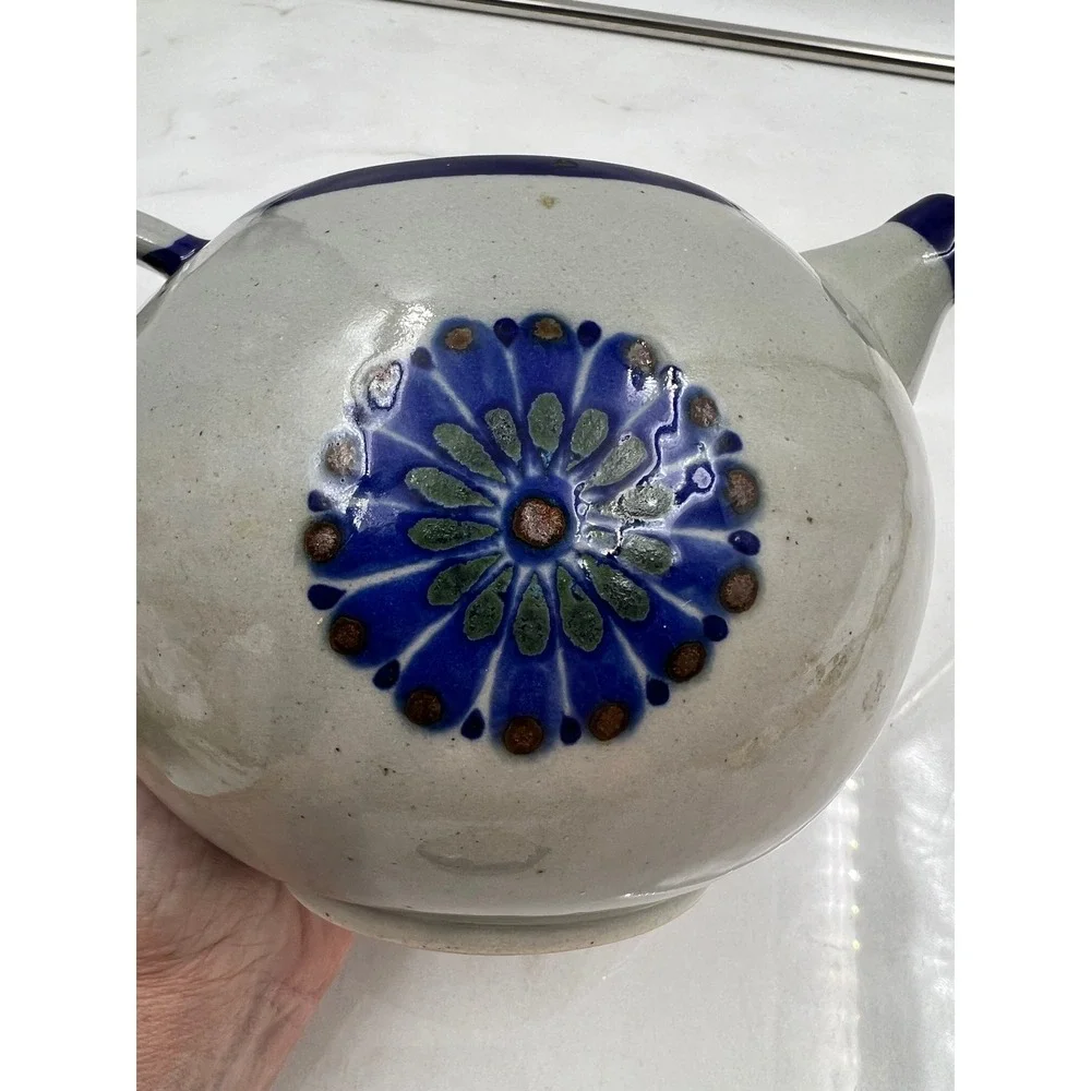 KEN EDWARDS El Palomar Round Teapot Guadalajara Blue Flower VTG Mexico Pottery